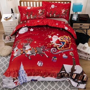2020 Коледа покривки комплект за деца, подарък легло пухени комплект Дядо Коледа одеяло чаршаф калъфка Червен нас Единични легла