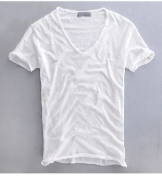 2020 лятна ежедневни тениска от чист памук в slub дишаща retro solid color V-образно деколте с къс ръкав