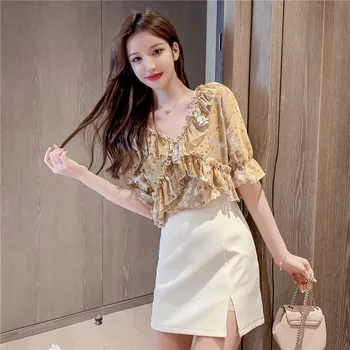 2020 лято е Нов Елегантен цветен V-образно деколте с къс ръкав блуза шифон жени корейски свободни Slim Fit летни блузи Chemisier Femme 10131