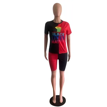 2020 лято жените костюм горещ стил плътен цвят мозайка Писмо печат с къс ръкав тениски и велосипедист шорти от две части комплект