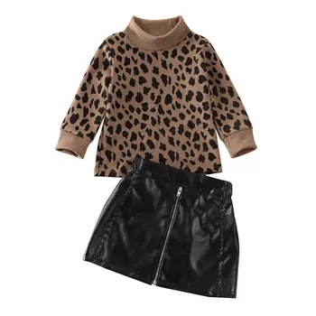 2020 Мода Деца Baby Girl Kid Леопард Пуловер, Потник + Кортикальная Мини-Пола Дрешки Есен Зима Момиче Дрехи, Определени