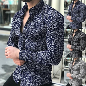 2020 мода мъжете цветен принт Slim Fit с дълъг ръкав бутон отложной яка риза топ за мъже