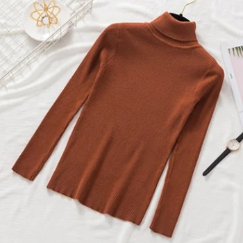 2020 мода плътен цвят поло пуловер пуловер дамски еластичен тесен вязаный топ Дамски дрехи pull pull Femme