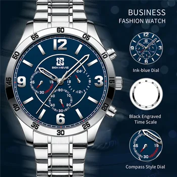 2020 Мъжки кварцови часовници бизнес водоустойчив часовник три очи кварцов часовник от неръждаема стомана ръчен часовник Кожена каишка за часовник