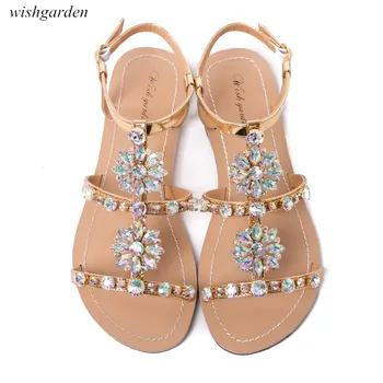 2020 нов дамски лято Бохемия Диамант плоски сандали дама ежедневни плаж и планински кристал блестящ boho обувки плюс размера на peep toe чехли