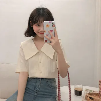 2020 нов корейски чист стил отложной яка на риза с къс ръкав жени лято малка свежа блуза на жена сладки Blusa върховете
