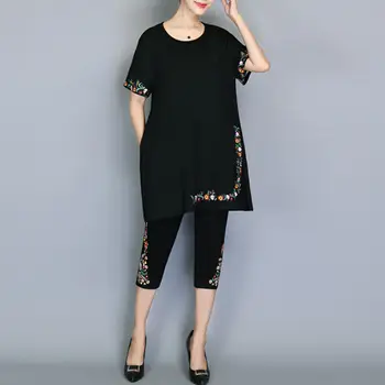 2020 нов летен комплект от две части жени Черно цвете печатни мода спортен костюм свободни панталони от 2 части комплект, плюс размер 5XL Conjunto W225