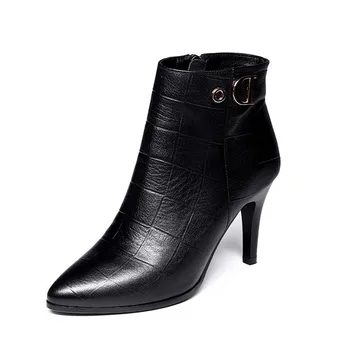 2020 Нов Плътен Черен Кожа На Жените Ботуши Есен-Зима Ботуши Дамски Обувки На Тънък Висок Ток Къси Ботуши С Остър Нос Zip Ботильоны