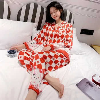 2020 Нова копринени пижами за жени сладък картун пижами жена елегантност с дълъг ръкав домашни дрехи, дамски пижами и комплекти