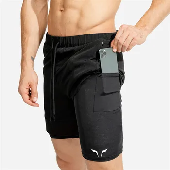 2020 Нова мода двойни Мъжки къси панталони вградени плътни външни свободни фитнес панталони мускулите на мъжете тренировки, Боди билдинг облекло