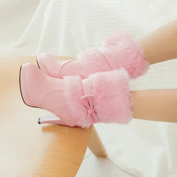 2020 новата зимна мода дамски топли кожени ботуши на висок ток розово бял черен вратовръзка пеперуда красива Лолита дамски парти сватбени обувки 33-43