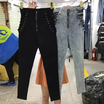 2020 нови дамски Модни дънки панталони с дължина до глезена Европа гореща продажба чрез шнурове лък тънък молив стилни панталони на 