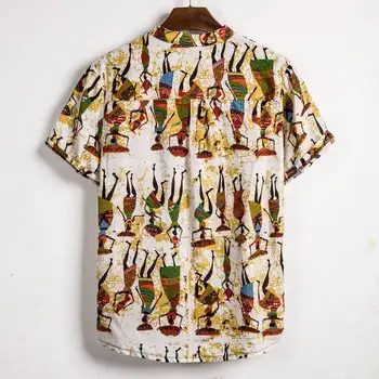 2020 памук бельо, риза с Хавайски Мъжки ризи с къс ръкав Slim Fit цветя етнически Tee ежедневни плаж ризи Camisas Мъжки дрехи