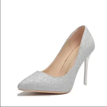 2020 пролет нов сребърен високи токчета женски помпи остри носовете на обувките на една Жена са самотни обувки приплъзване на женски блясък Блясък на черното злато