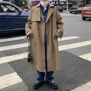 2020 свободни мъжки ежедневни дълга ветровка британски стил палто двубортный плътен цвят на траншеята високо качество якета размер M-5XL