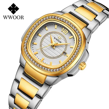 2021 дамска мода квадратни часовници дами рокля Кварцов ръчен часовник WWOOR Top Brand Luxury Gold Diamond Girls Clock zegarek damski
