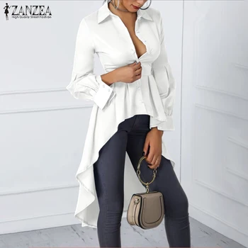 2021 дамска мода стилен потник блуза ZANZEA женски дълъг фенер ръкав елегантен асиметричен Висока Талия Blusas туника 5XL