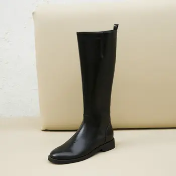 2021 Есен Зима лаконичная естествена кожа с 3 см ниски токчета на Дамски ботуши до коляното на нови офис Дамски обувки за партита жена