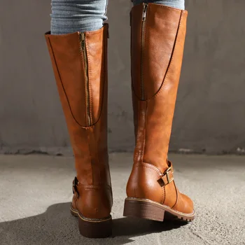 2021 изкуствена кожа за дамски дълги ботуши за езда ежедневни обтегач на колана светкавица Есен Зима коляното свободни ботуши Botas Mujer обувки AC215