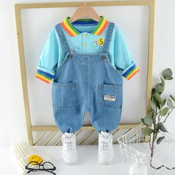2021 комплект дрехи за бебета Baby Kids Boys Girls Rainbow Върховете тениска тела дънкови панталони ежедневни облекла мода сладък комплект дрехи