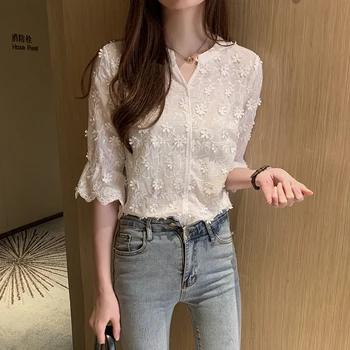 2021 лятна мода дамска риза нов корейски стил бродирани бели върхове в памучна блуза, цветя, V-образно деколте дамски блузи плътен шик