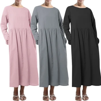 2021 лятото однотонное памучни ленено рокля ZANZEA Women Short Sleeve сарафан Casual Long Party Vestido Robe дамски туника плюс размер