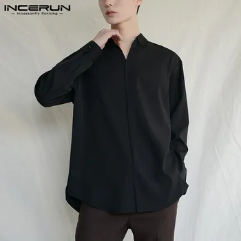 2021 мода мъжете Обличам риза с дълъг ръкав V шията случайни маркови мъжки ризи твърди шик градинска облекло корейски стил блуза S-5XL INCERUN
