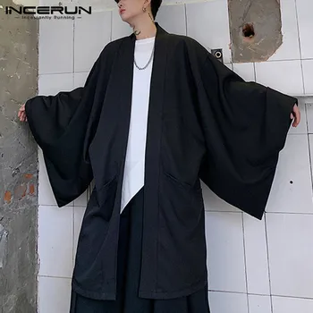 2021 мъжете тренч жилетка открит бод свободни дълги ръкави градинска облекло пънк плътен цвят мода дълги палта Мъжки наметала покривала INCERUN