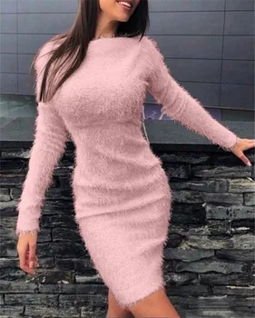 2021 нов режим на жените космати Dress есен жени с дълъг ръкав За-образно деколте плюшени Секси Bodycon Dress пуловер Sukienka елегантен клуб Vestidos