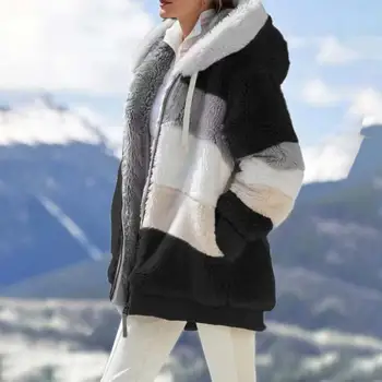 2021 нова мода контрастни овче руно ватник дамски зимна мода ежедневни топло яке с цип