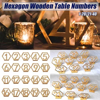 20pcs шестоъгълник 1-20/21-40 дървена маса стаи щандове знаци притежателя база за сватба, Рожден Ден, Годишнина витрина Decoratio