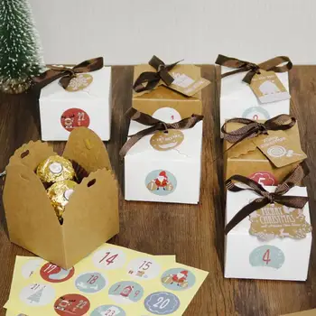 24 комплекта Коледен подарък опаковъчна кутия бонбони, бисквити кутия за съхранение на Коледно парти хартиена кутия с панделки, стикери Навидад