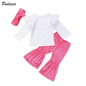 3 бр. компл. новородено бебе деца момичета дрехи накъдрен с дълъг ръкав тениска с върховете розово расклешенный дъното панталони лента за глава облекло облекло