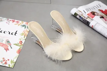 3 Цвят женски чехъл е 35-40 Дамски обувки пързалки ултра висок ток 8,5 cm писалка клинове Кристал прозрачен сватбени обувки