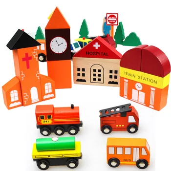 32 бр. градски трафик строителни блокове на детски дървени играчки магнитно съединение влак модели дървени стифиране блокове на детски образователни игри
