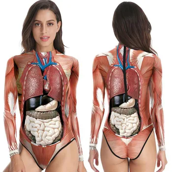 3D отпечатано с дълъг ръкав За-образно деколте слаб боди 2019 лято жените човешки вътрешните органи стилът на Sexy Body Suit ежедневни гащеризон