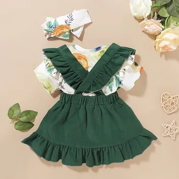 (3M-18М) детски оборчатый дреха с къси ръкави и цветисти принтом + плътен цвят взъерошенная пола-лифтинг + комплект за коса зелени S4