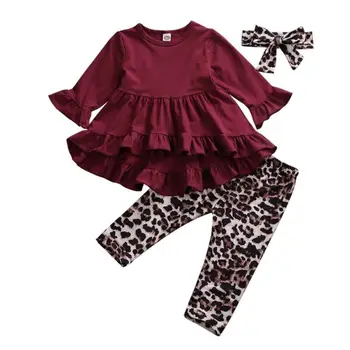 3шт дете бебе момиче облекло облекло с дълъг ръкав тениска топ Висока Талия твърдо рокля+леопардовые дълги панталони лента за глава комплект дрехи
