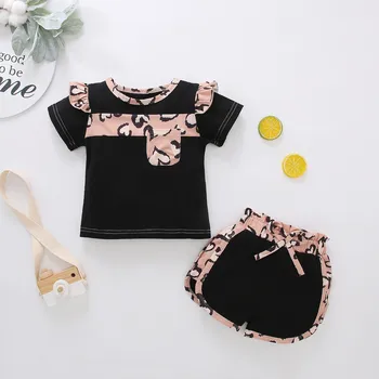 40# Baby Girl Clothing Children Short Sleeve Flying Sleeve Leopard-Print-Top + Leopard-Print Lace-up Shorts костюм от две части