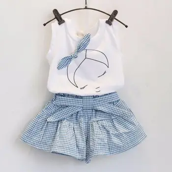 40# облекло за момичета лято ръкави врата сладък лук момиче модел тениски топ окото шорти две части комплект Ропа Ниня
