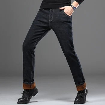 42 44 46 плюс размер 2020 нови зимни мъжки топли дънки класически кафяво кадифе бизнес мода черен/син панталони мъжки маркови дънки