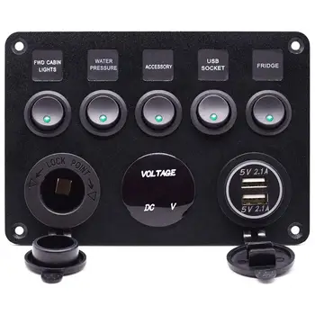 5 Gang Car Boat Marine Rocker Switch Panel 12V 24V Dual USB Port LED Digital Voltmeter Circuit Breakers Switch Control Panel