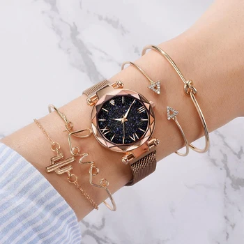 5 бр. /компл. луксозна гривна часовници за жени мода розово злато магнитни дамска рокля часовници женски Relogio Feminino