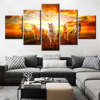 5 панели платно картина на стенно изкуство за всекидневна Декор Минава Кон снимки модулна HD печат облак животни кон плакат