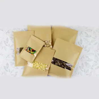50 бр. плоски Крафт хартиени торбички за подарък чанта сватба / бонбони / партия / храна прозорец няма да се изправи Крафт хартиена торба с цип опаковка чанти