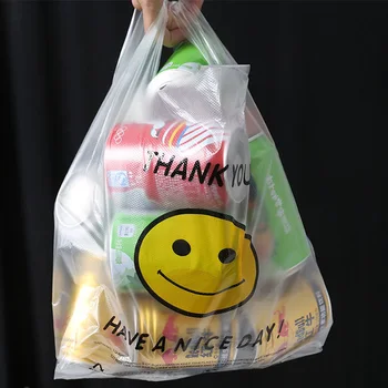 50шт пластмасови прозрачни торбички с дръжка усмивка благодаря целофан подарък чанта супермаркет покупки за ядене на бонбони, опаковки чанти