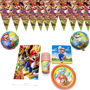 56 бр./лот Super Mario балони на рожден ден кърпички знамена Baby Shower покривки за маси, чинии, чаши накити момчета сувенири, прибори