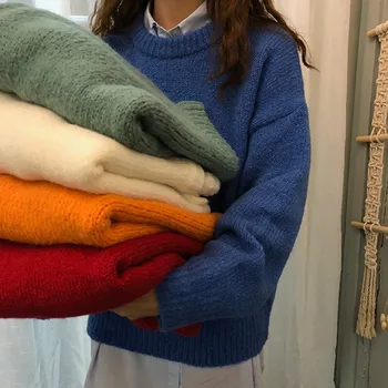 6 цвята 2018 есен и зима бонбони цвят свободни thicking топлите пуловери, Дамски пуловери, дамски пуловери (X974)