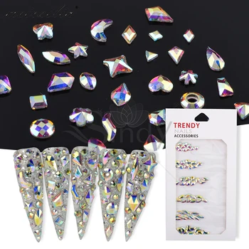 60 бр нов смесен размер блестящи скъпоценни камъни Crystal AB Нокти камъни плоски гърба кристали за стъкло 3D САМ Nails Design Art Set Decorations