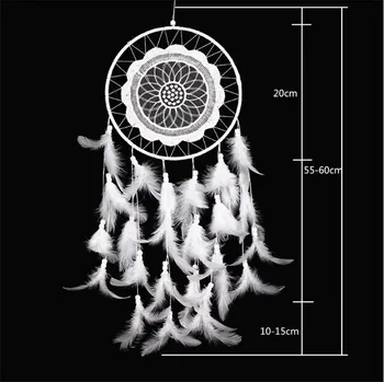 60 см, бял дантелен цвете Ловец на сънища камбанките индийски стил перо висулка Ловец на сънища творчески кола виси украса
